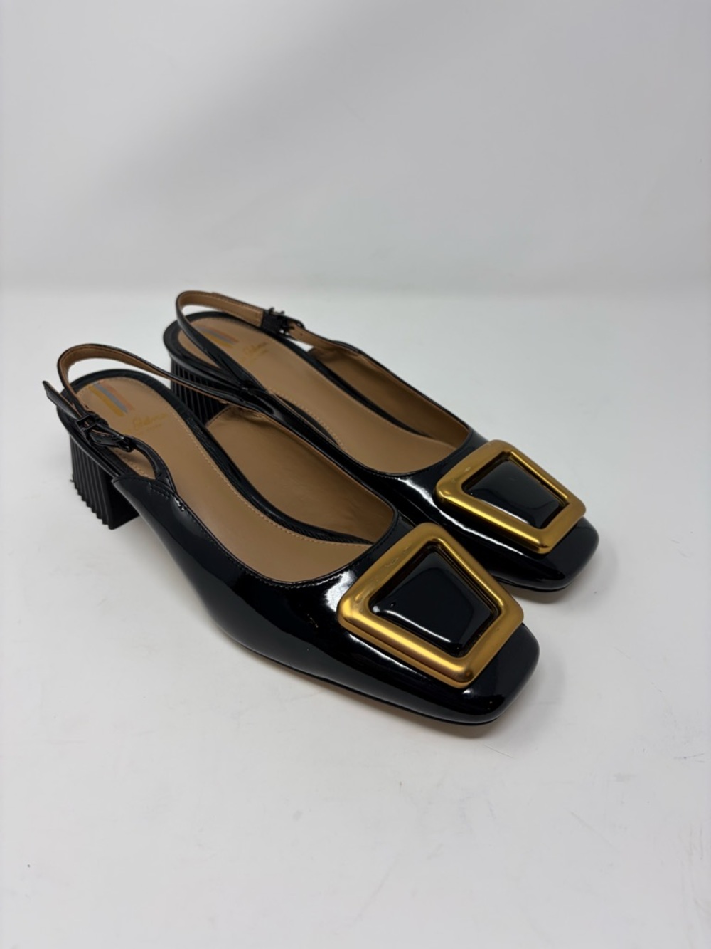 Sam Edelman Tanessa Black Patent Leather Slingback Heels Gold Accents 7.5 Luxury